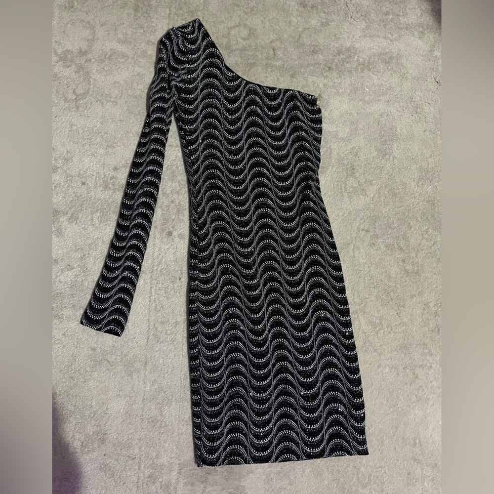 Bodycon Dress Size S Black/White Glitter Stretch One Long Sleeve